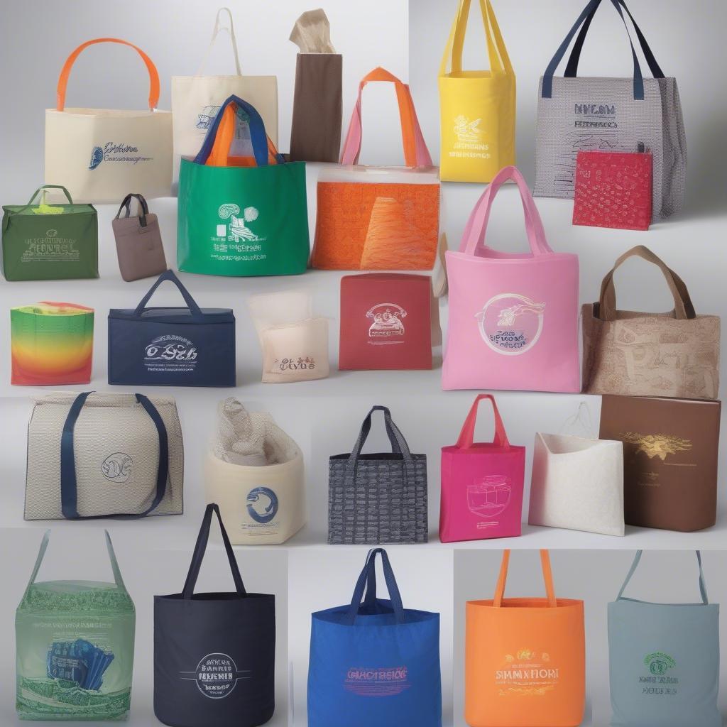 Variety of Non-Woven Printed Bags: A display of different types of non-woven bags, showcasing variations in size, shape, handle styles, and printing techniques, highlighting the wide range of customization options available.