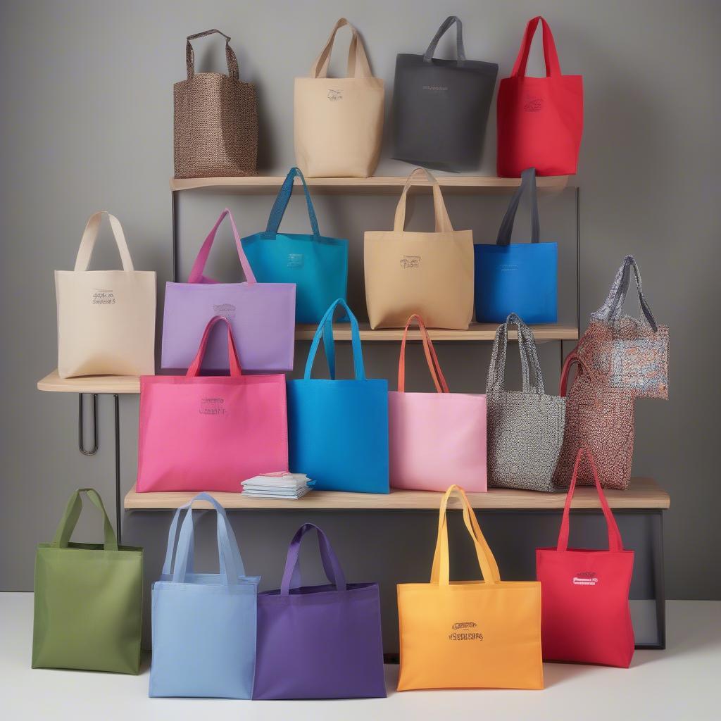 Variety of non-woven tote bags on display in different colors and sizes