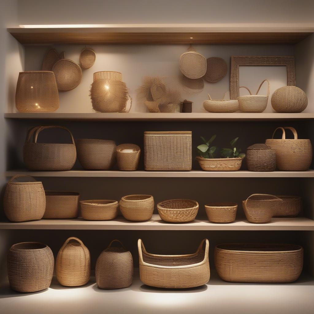 A collection of oblong weaved baskets in different sizes, materials, and weaving styles showcased on shelves and a table.