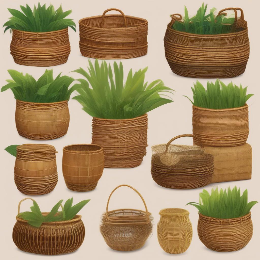 A display of various natural materials used in Philippine basket weaving, including rattan, bamboo, nito vine, and pandan leaves.