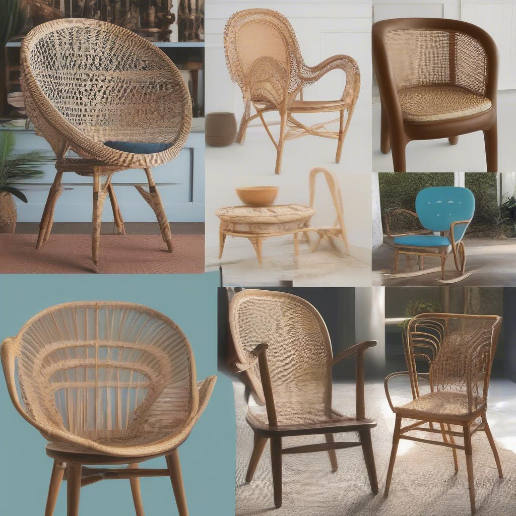 Different styles of retro chairs with cane weaving