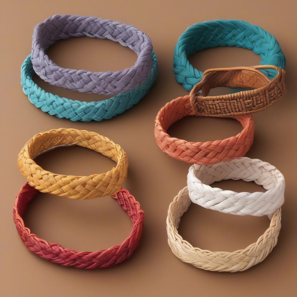 Different basket weave patterns displayed on various small bracelets.