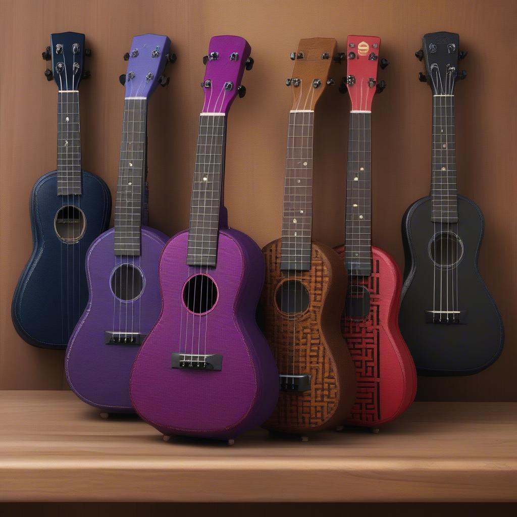 A selection of ukulele hard cases with various basket weave patterns and colors.