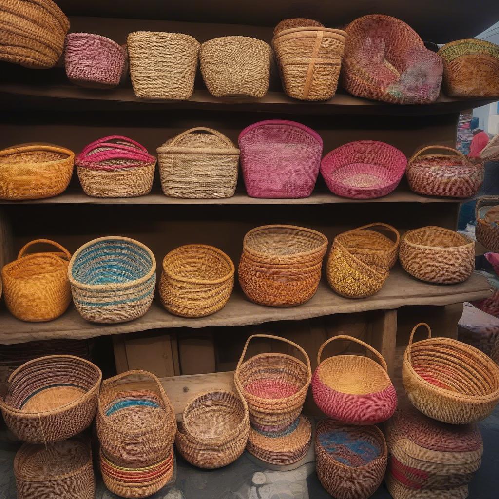 A display of various weaved bread baskets in different shapes, sizes, and materials.