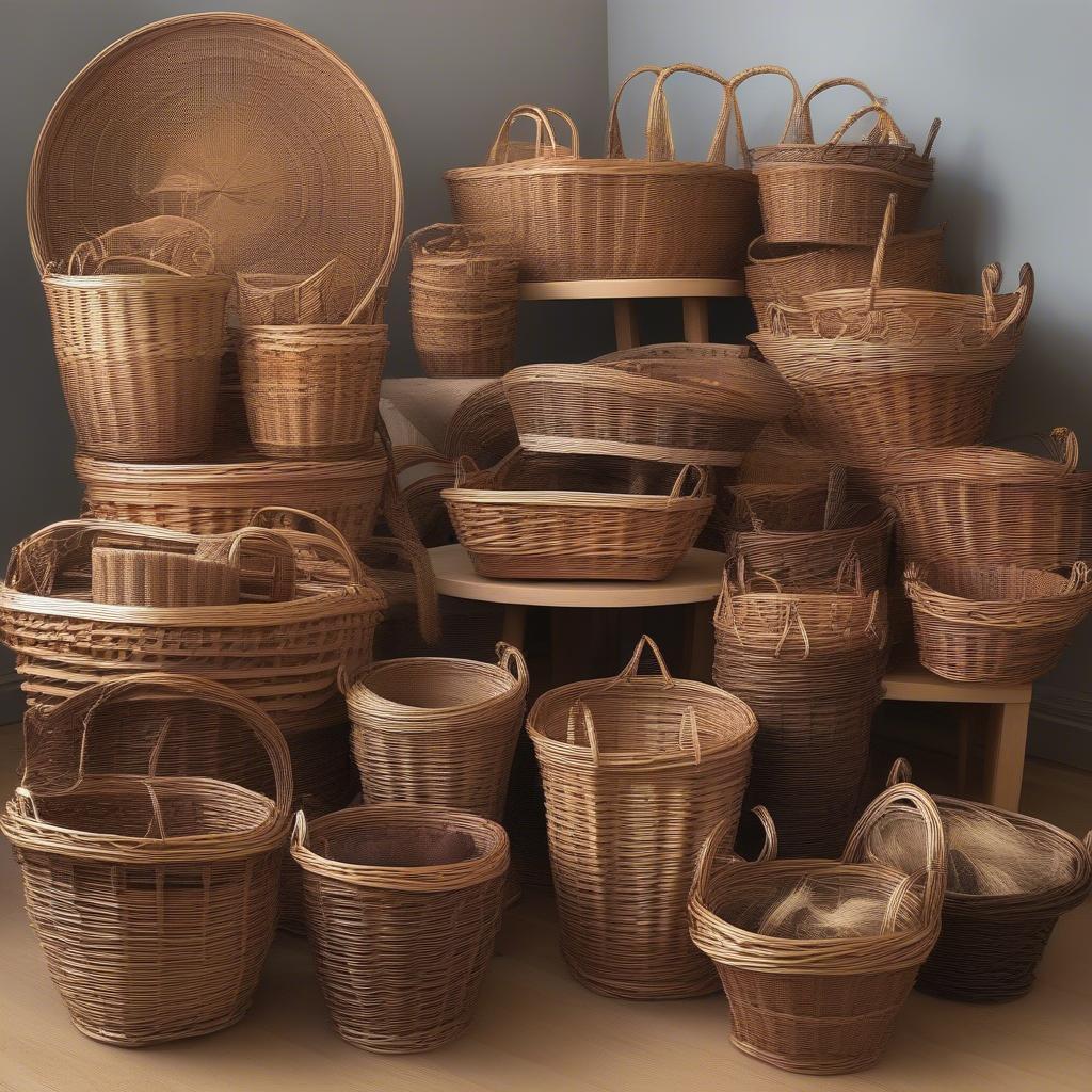 Display of different willow baskets crafted in Scotland showcasing various shapes and sizes