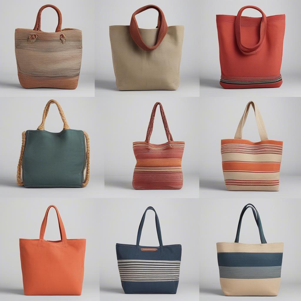 A collection of woven canvas bags showcasing various styles, sizes, and colors.