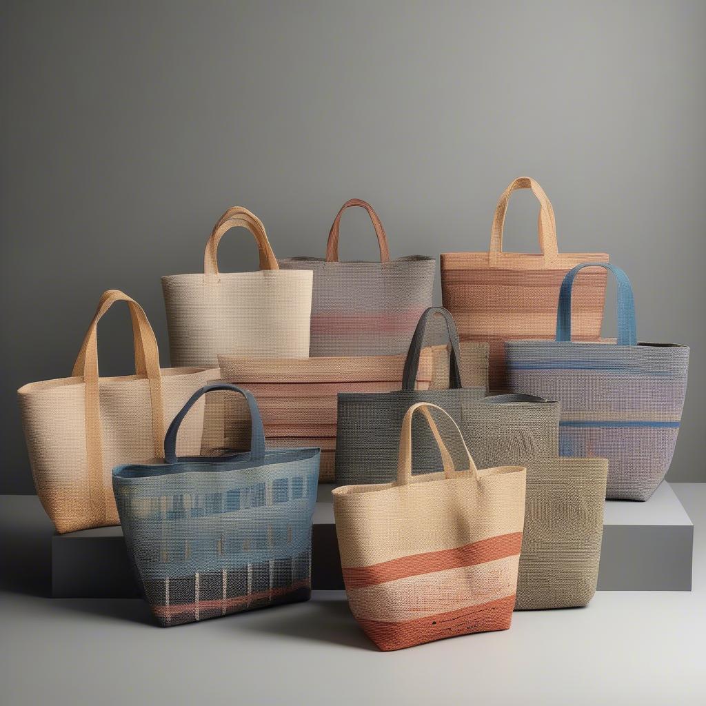 Different styles and sizes of woven transport tote bags with holes displayed on a shelf