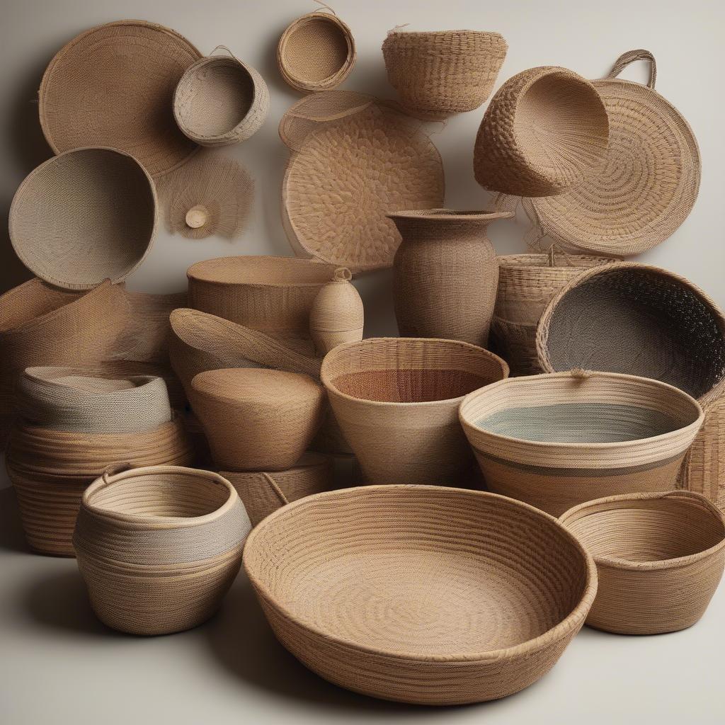 A display of various woven baskets showcasing a range of textures.