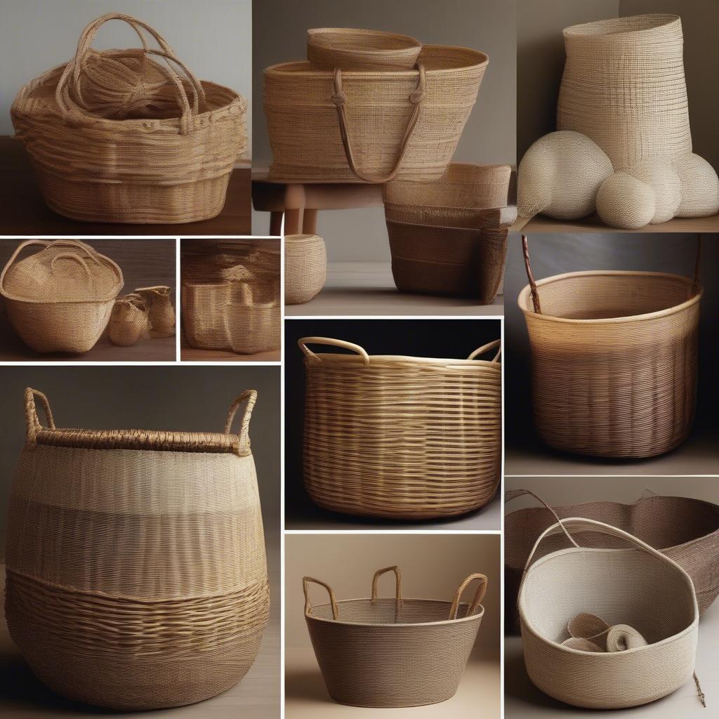 Variety of Woven Baskets: A collection of different types of woven baskets, showcasing various shapes, sizes, colors, and weaving patterns.