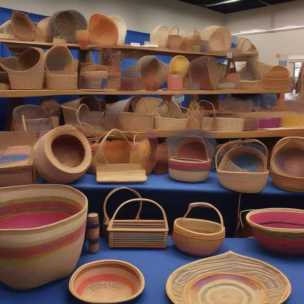 A display of various woven baskets in a Wisconsin craft fair, showcasing different materials, sizes, and weaving styles.