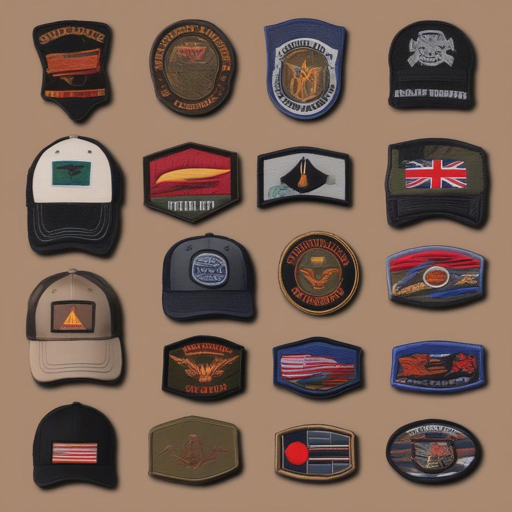 A collection of various ballistic weave hat patches showcasing different designs, colors, and sizes