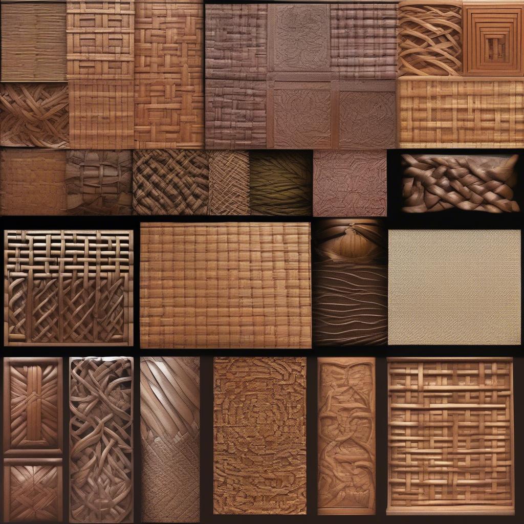 Examples of basket weave patterns in different crafts like basketry, textiles, and woodworking.