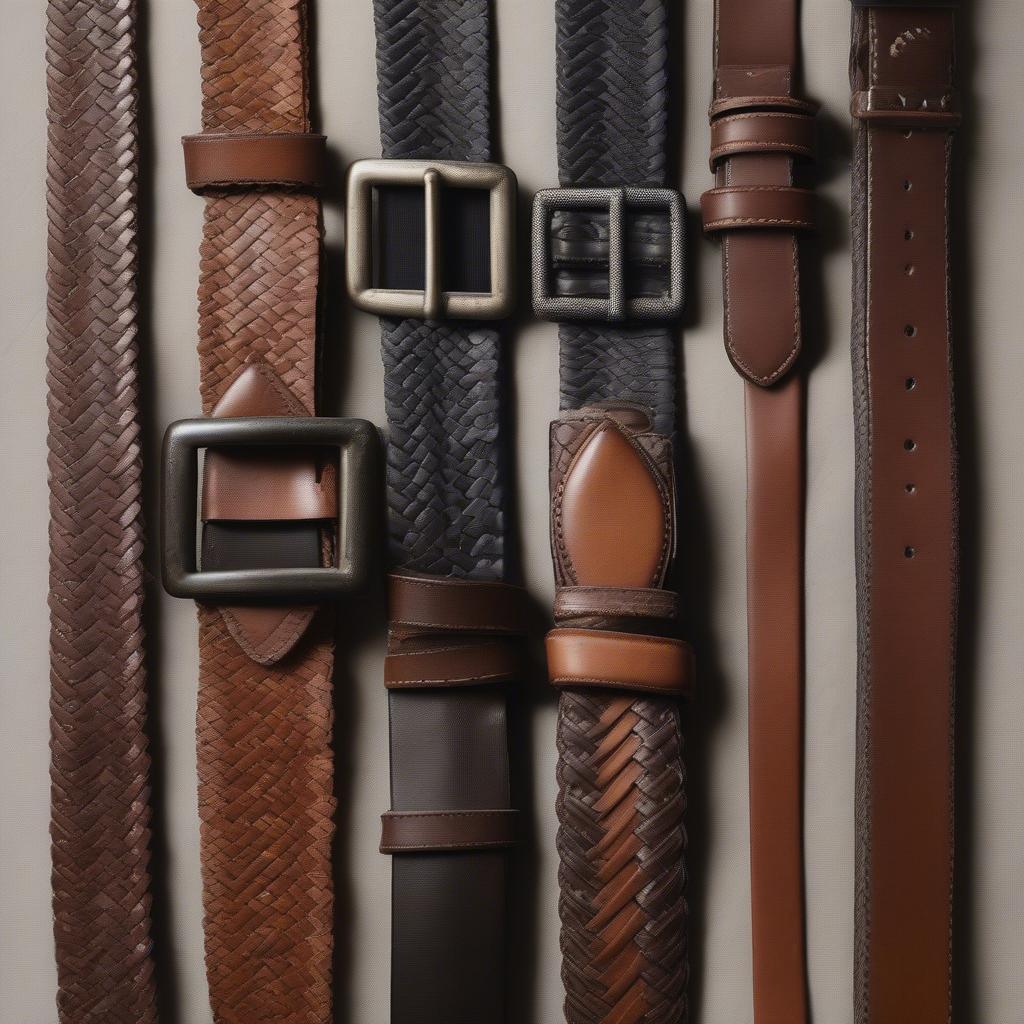 Different styles of basket weave belts displayed together