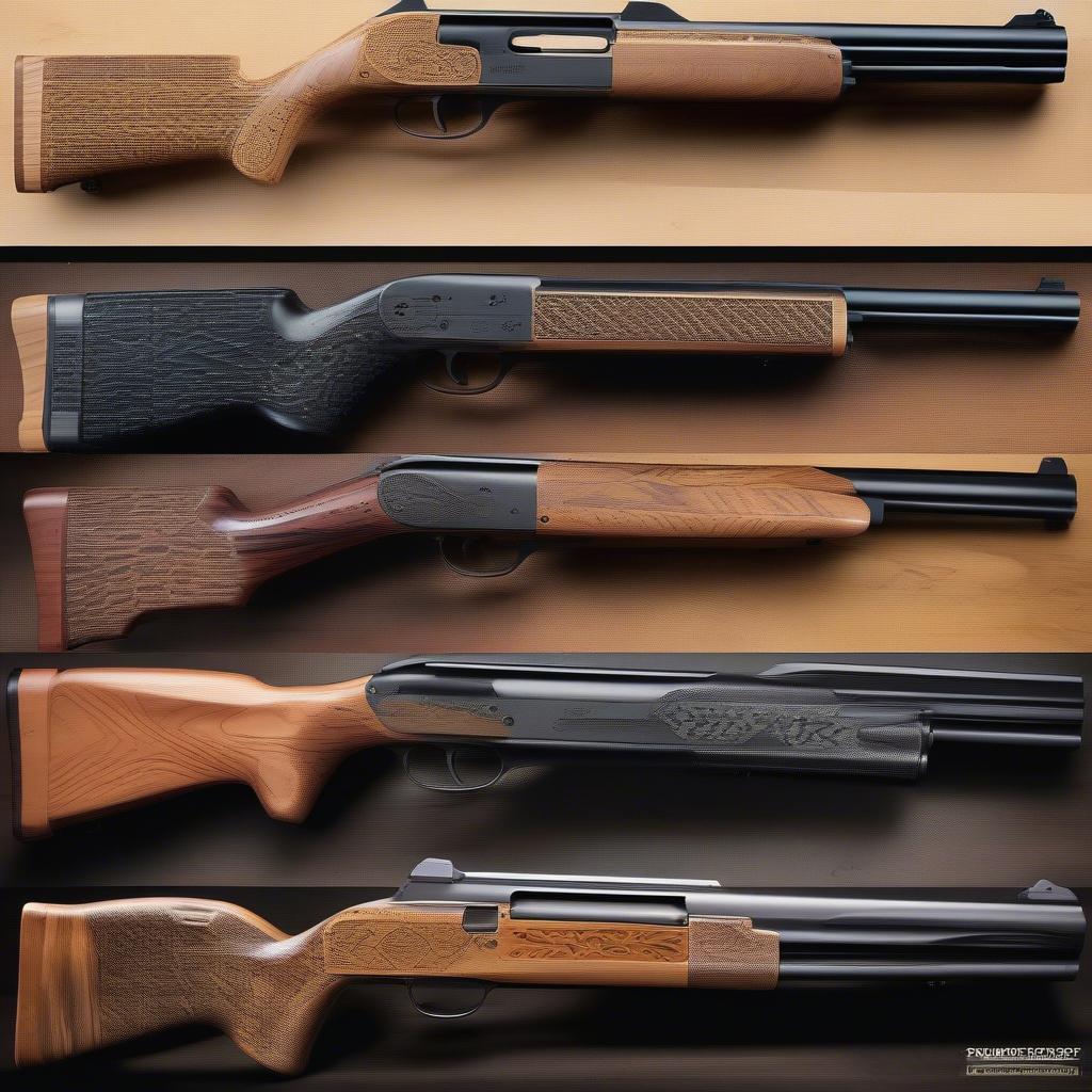 Different styles of basket weave patterns on various gunstocks