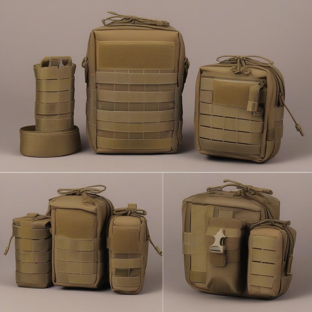 Display of various basket weave MOLLE cases in different sizes and configurations, showcasing their versatility for different uses.