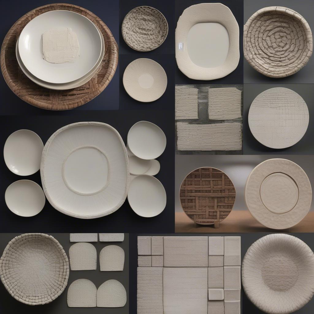 Different materials used in crafting basket weave plates, including ceramic, porcelain, and stoneware.