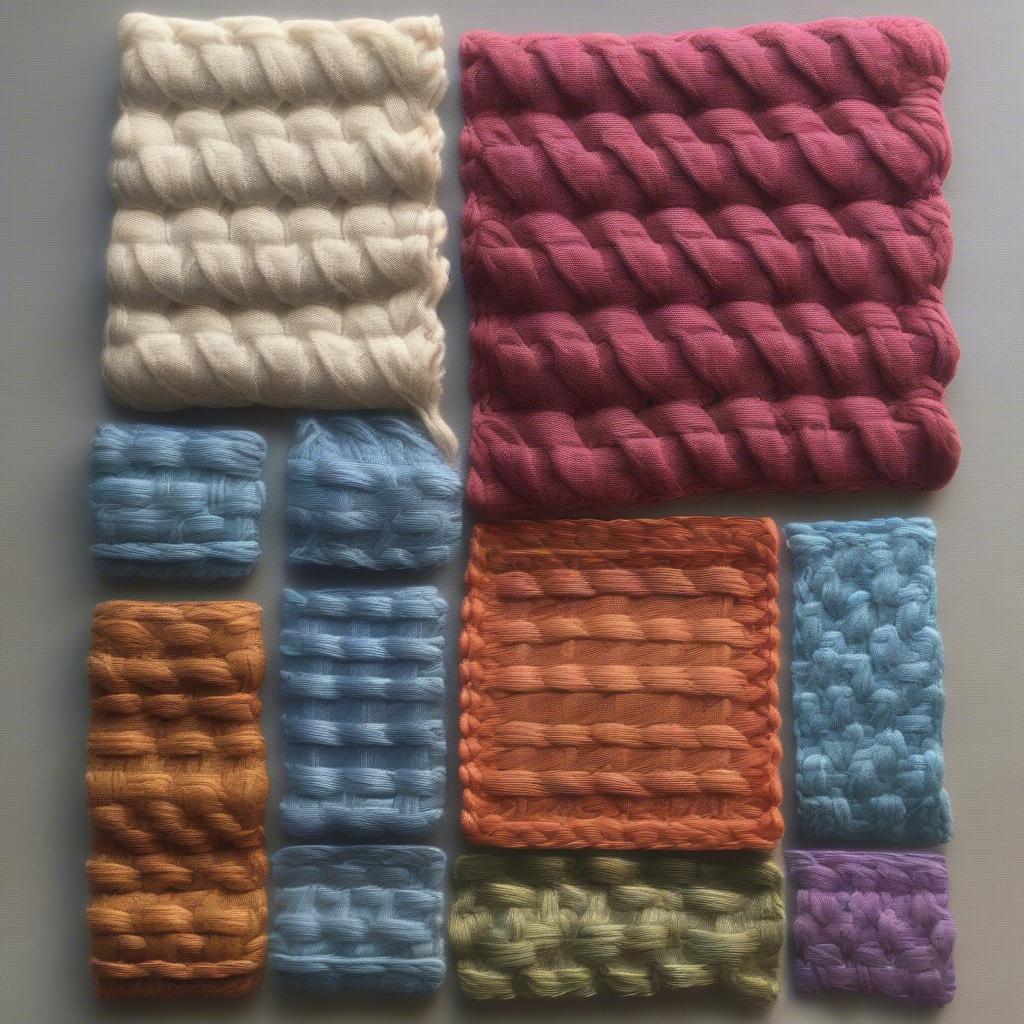 Examples of different basket weave crochet stitch patterns, including variations with post stitches and cables