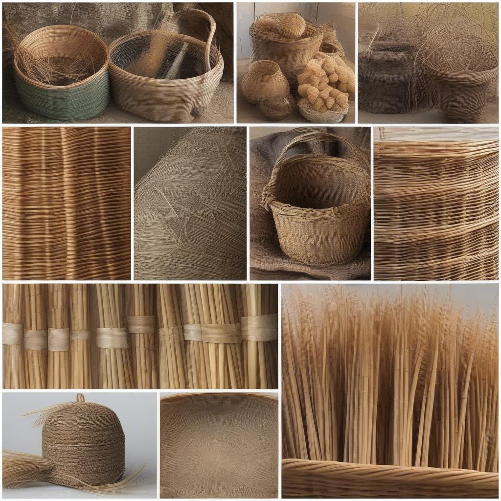 An assortment of natural materials used in basket weaving, including reeds, willow, and grasses.