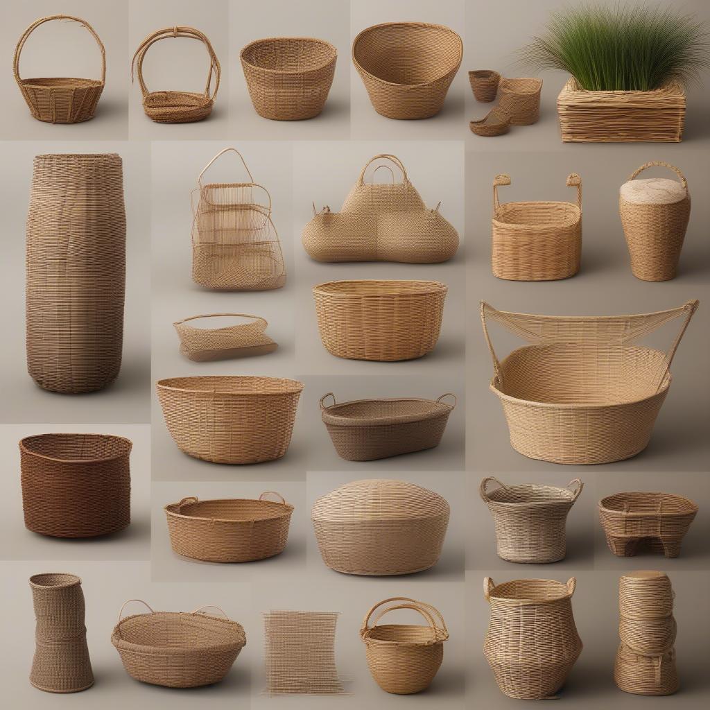 Different natural materials commonly used in basket weaving, including rattan, wicker, bamboo, and seagrass.