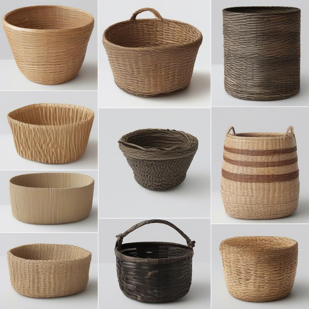 Different materials used in basket weaving, including rattan, wicker, and seagrass, showcasing their unique textures.