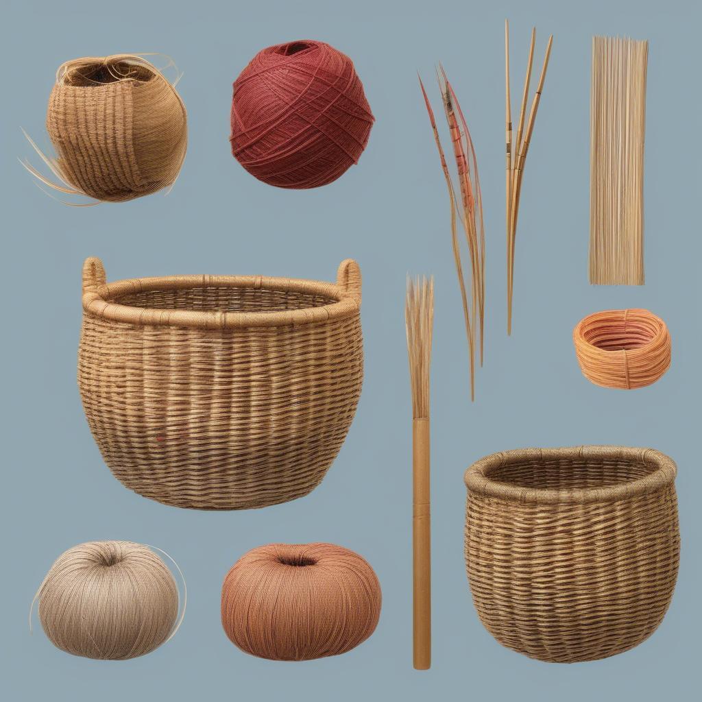 Different types of materials and tools used in basket weaving, including reeds, yarn, and needles