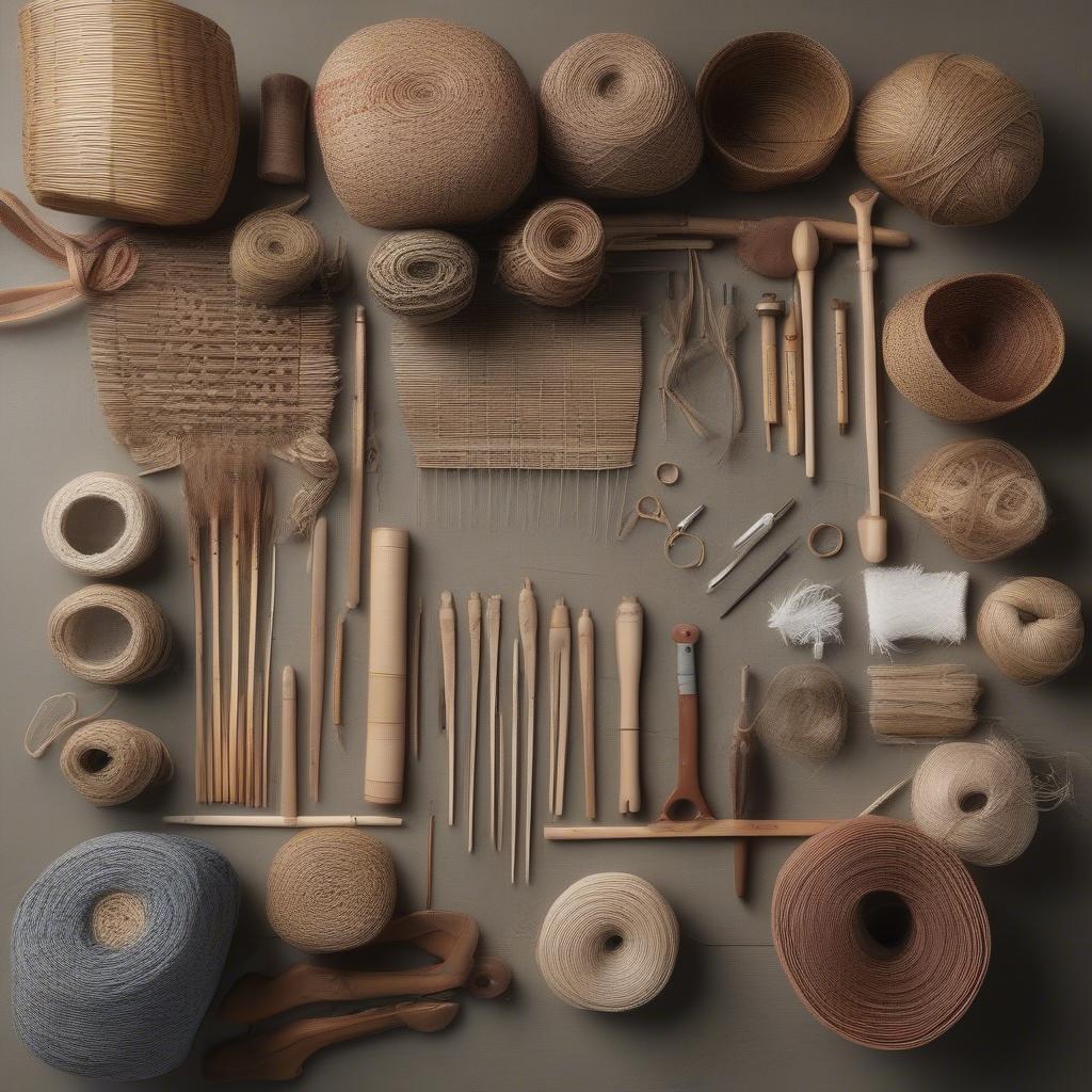 Variety of basket weaving materials and tools arranged on a workbench