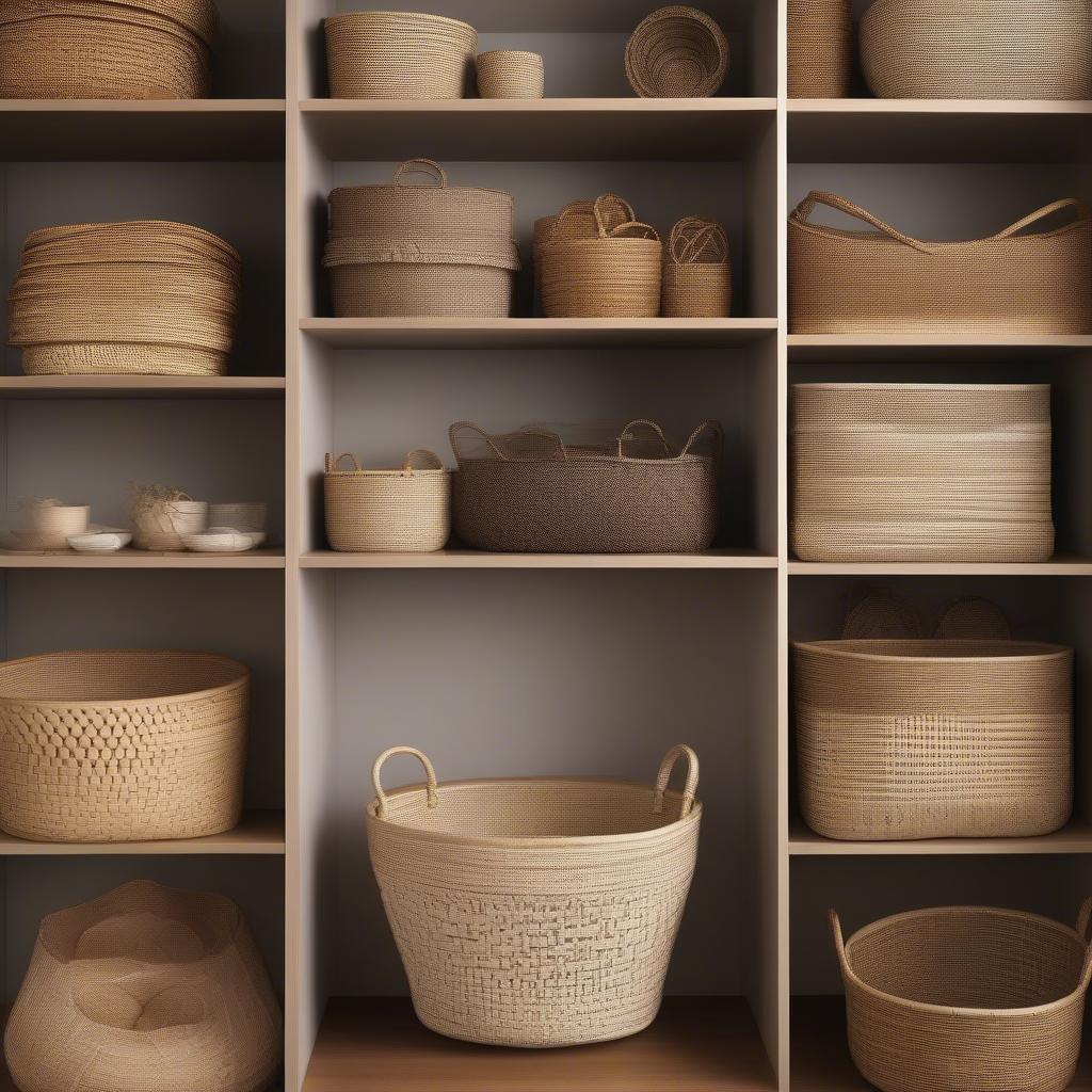 Different styles and sizes of circle weave baskets arranged on shelves.