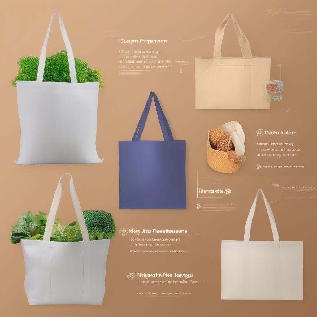 A collection of various eco-friendly non-woven tote bags in different sizes, colors, and designs.