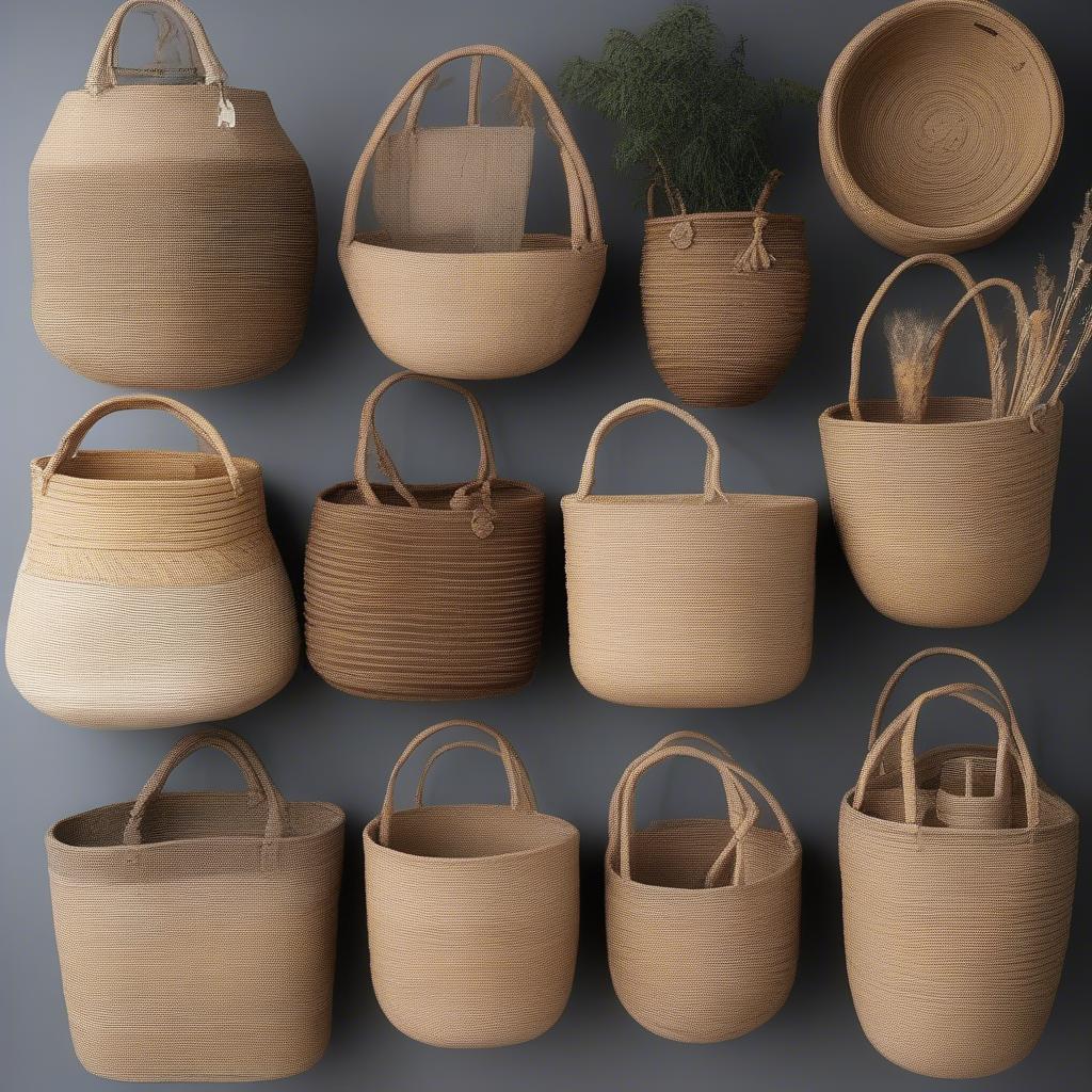 Different styles and designs of hemp baskets, showcasing the versatility of the material.