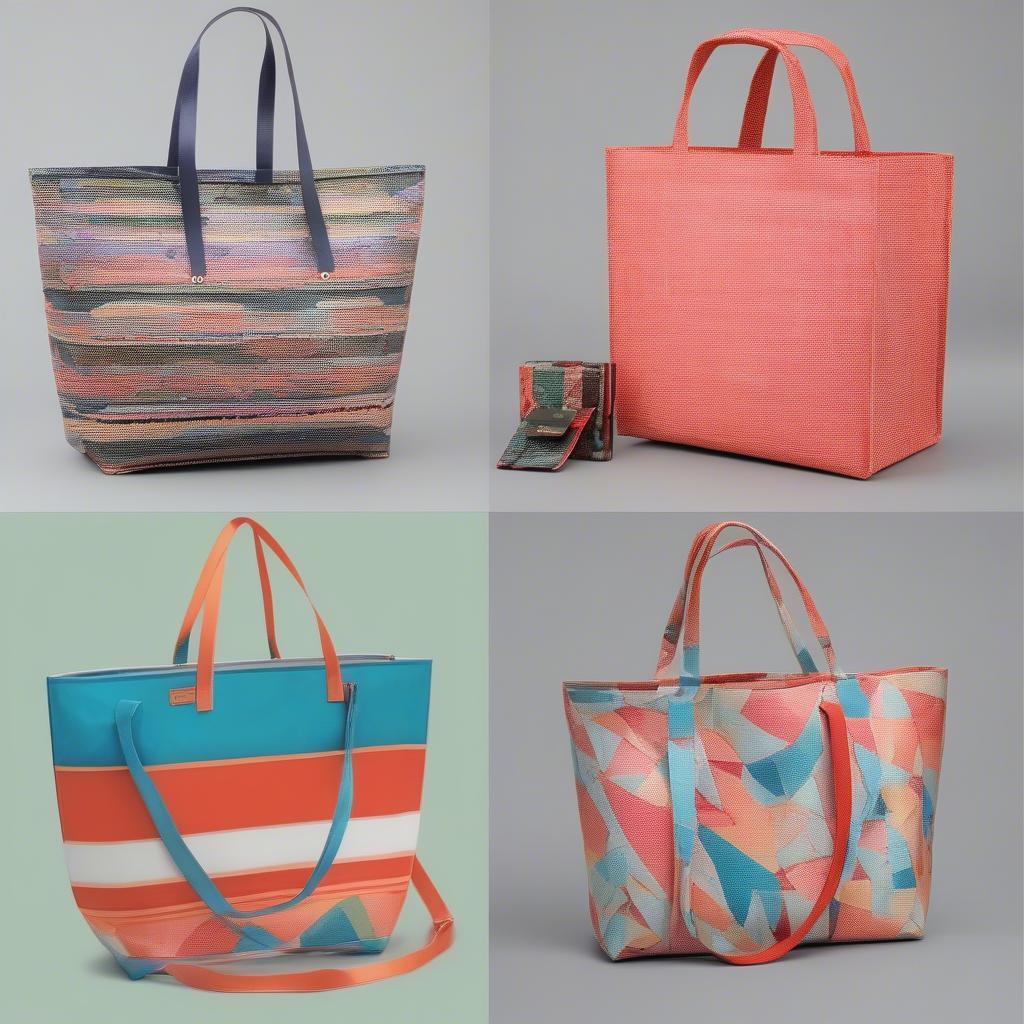 Different styles of laminated woven bags, including market totes, beach bags, handbags, and clutches.