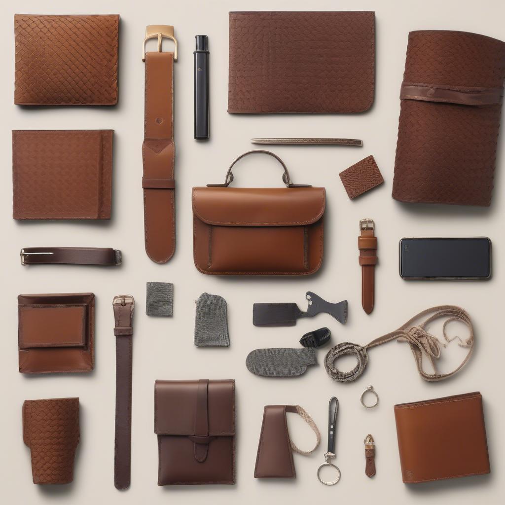 Variety of Leather Items Stamped with the x517 Basket Weave Design