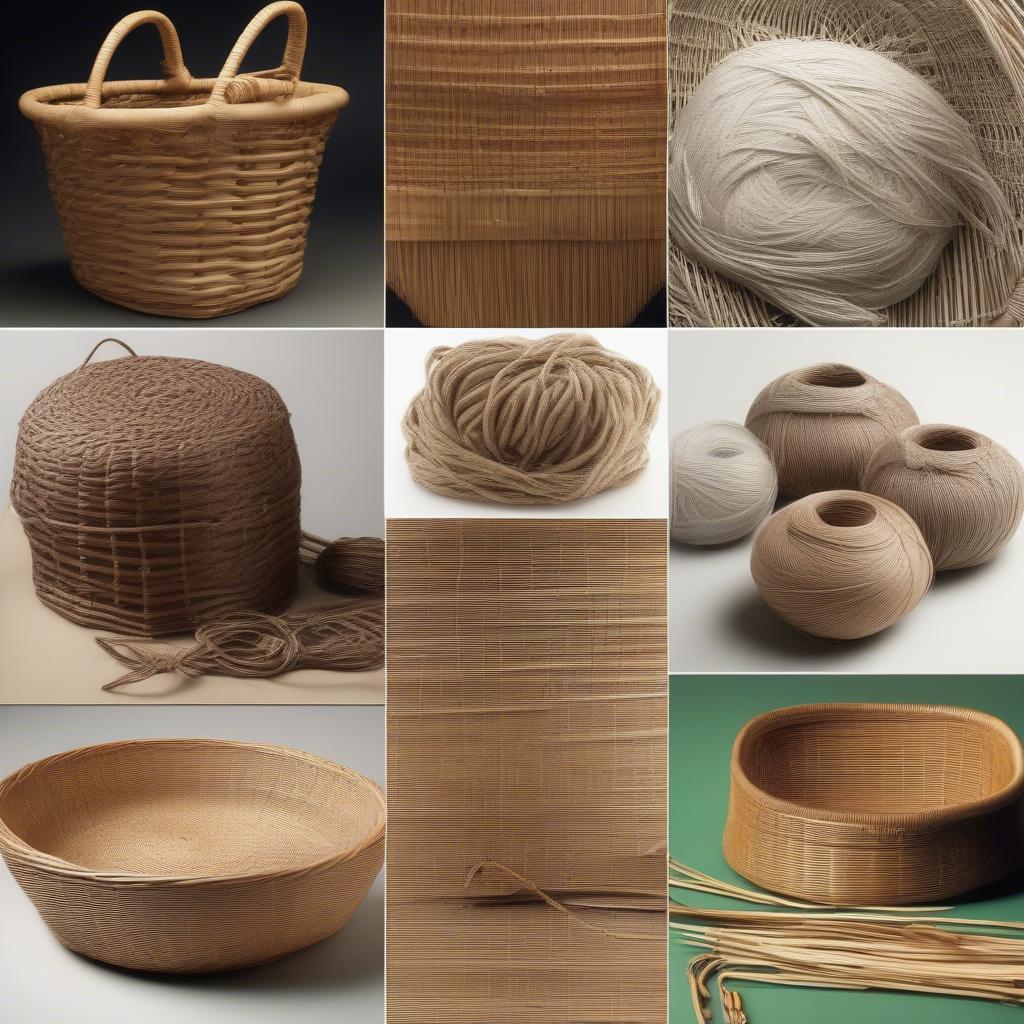 Various Materials for Basket Weave: A display of different materials suitable for basket weaving, including rattan, wicker, bamboo, and yarn, showcasing their unique textures and colors.