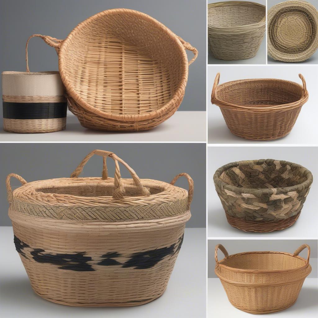 Different materials used for crafting chessboard weave baskets including wicker, rattan, seagrass, and bamboo.