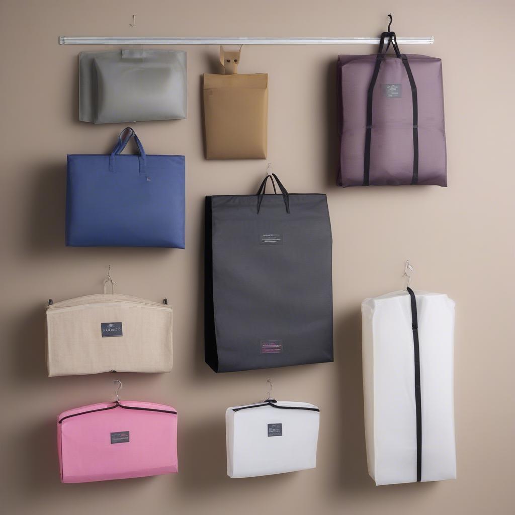 Different sizes and styles of non-woven garment bags displayed together.