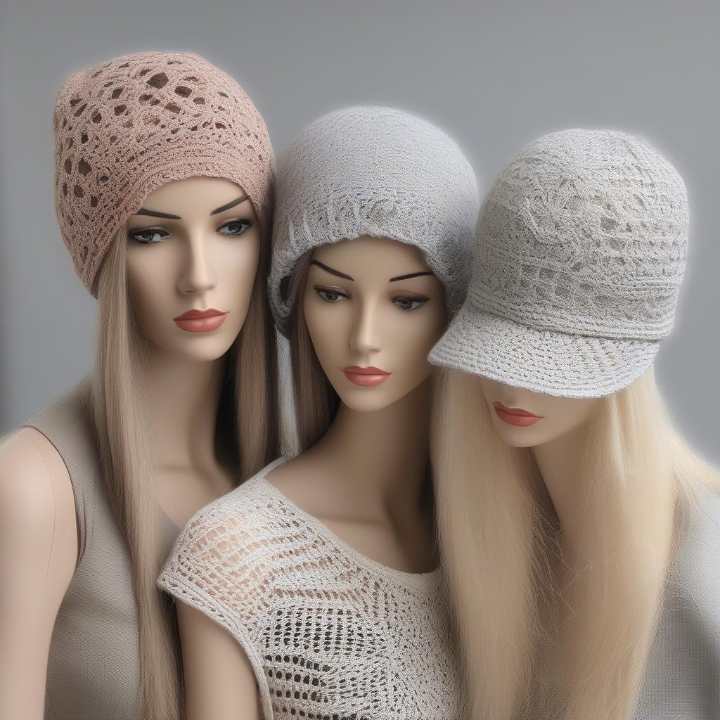 Different open weave crochet hat patterns displayed on mannequins