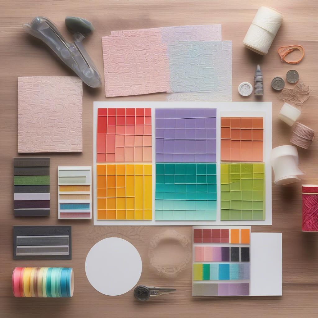 An array of colorful paper crafting supplies, including cardstock, inks, embellishments, and the Stampin' Up! Basket Weave Dynamic Embossing Folder.