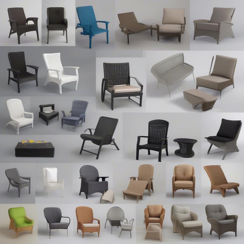 A collage showcasing various styles and colors of rubber weave lawn chairs.