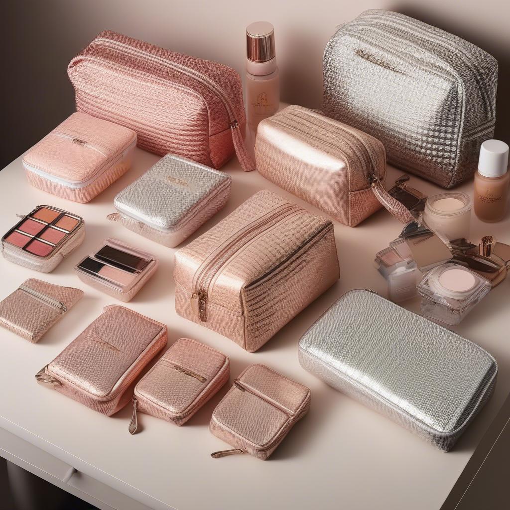 Different sizes and styles of waffle weave makeup bags displayed on a vanity table.