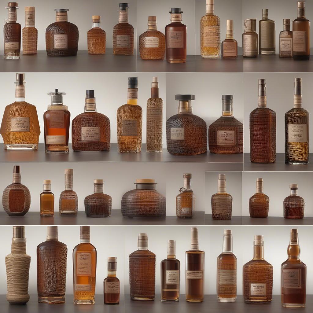 Different sizes of brigadier basket weave whiskey bottles, showcasing their versatility for personal use or entertaining.