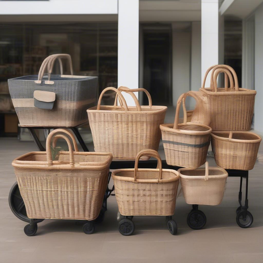 Different styles and materials of weave shopping baskets with wheels