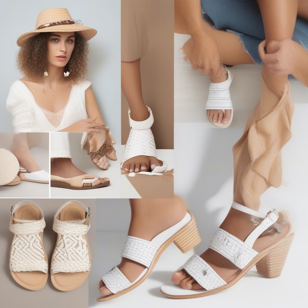 Different styles of white basket weave sandals: slides, thong sandals, and ankle strap sandals.