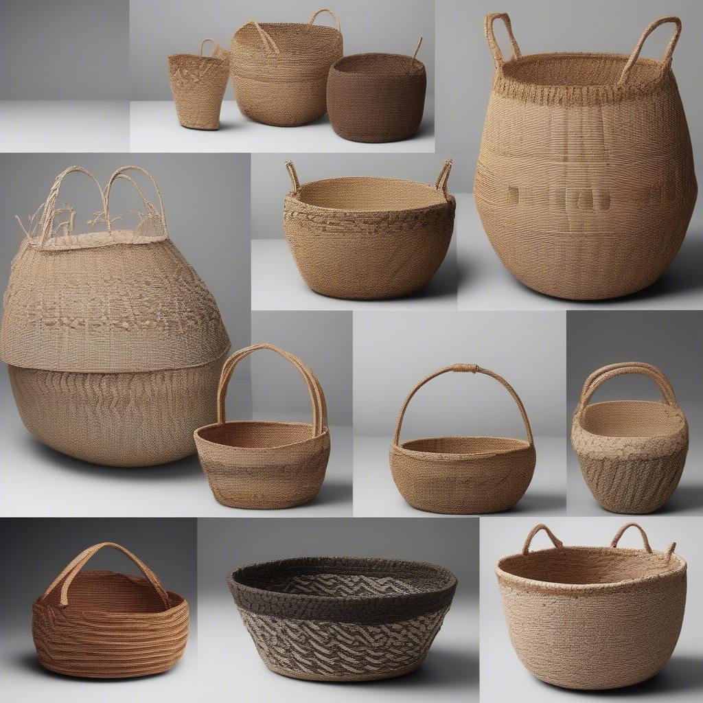 Display of diverse woven baskets showcasing different patterns and materials