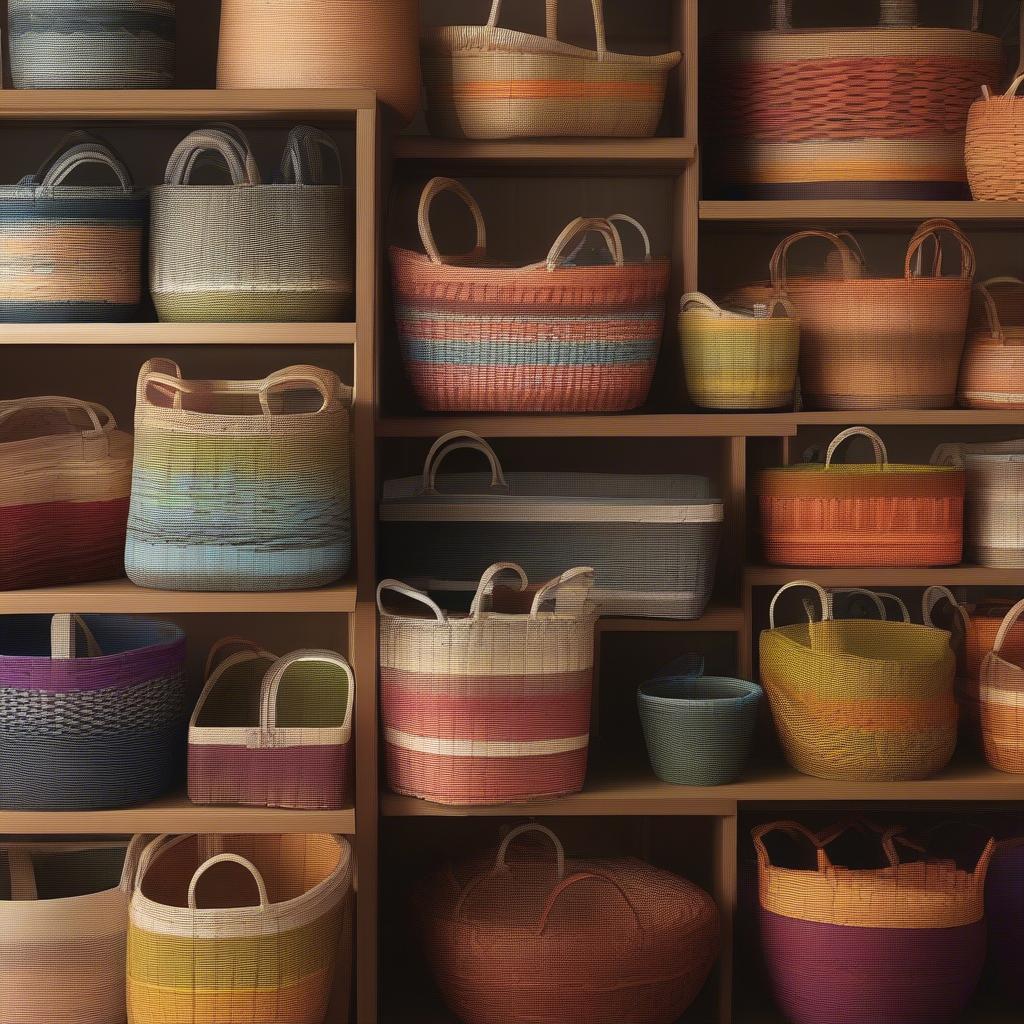 A collection of various y weave baskets, showcasing different sizes, shapes, and materials.