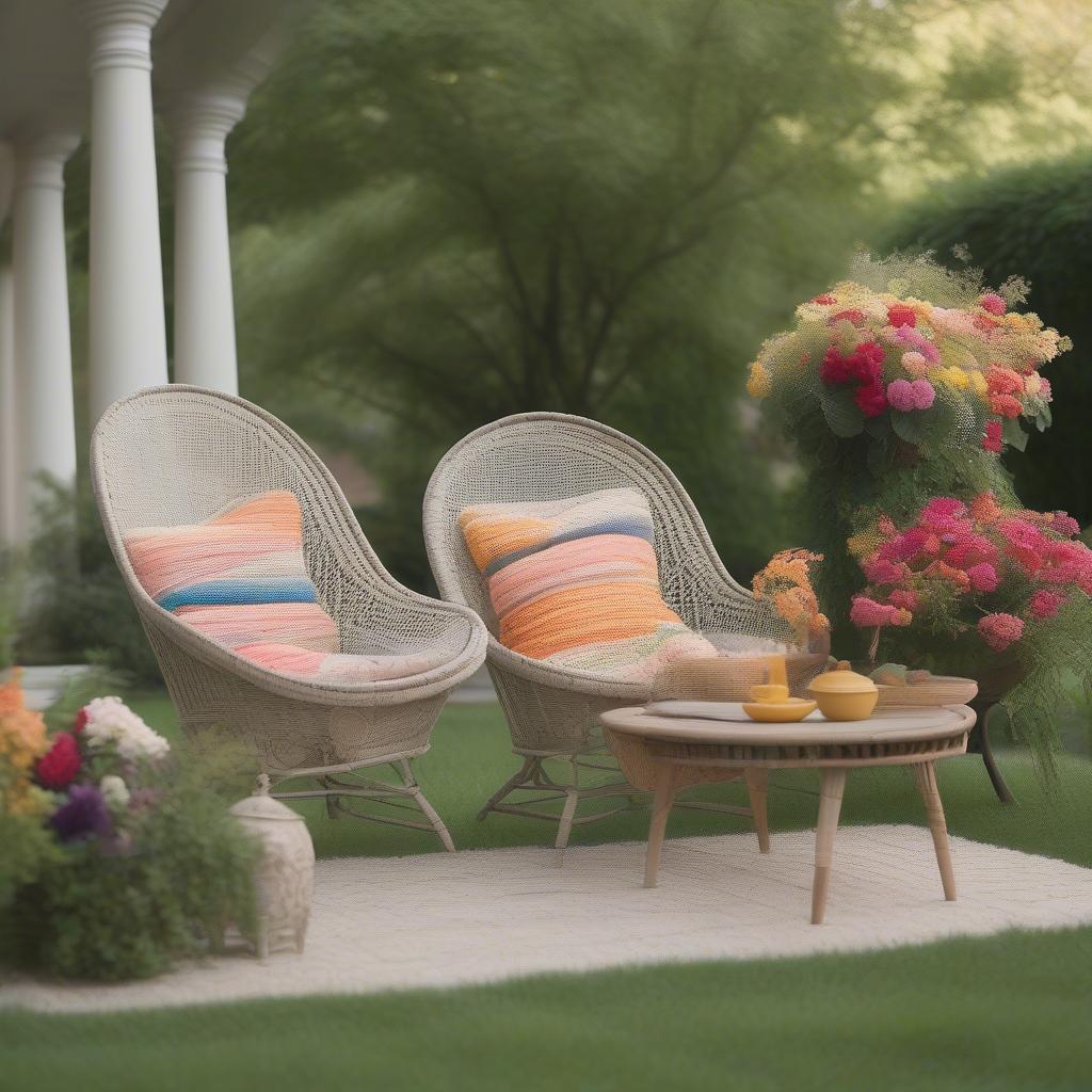 Vintage basket weave chairs in a garden setting, styled with cushions and a throw, creating a cozy and inviting outdoor space.