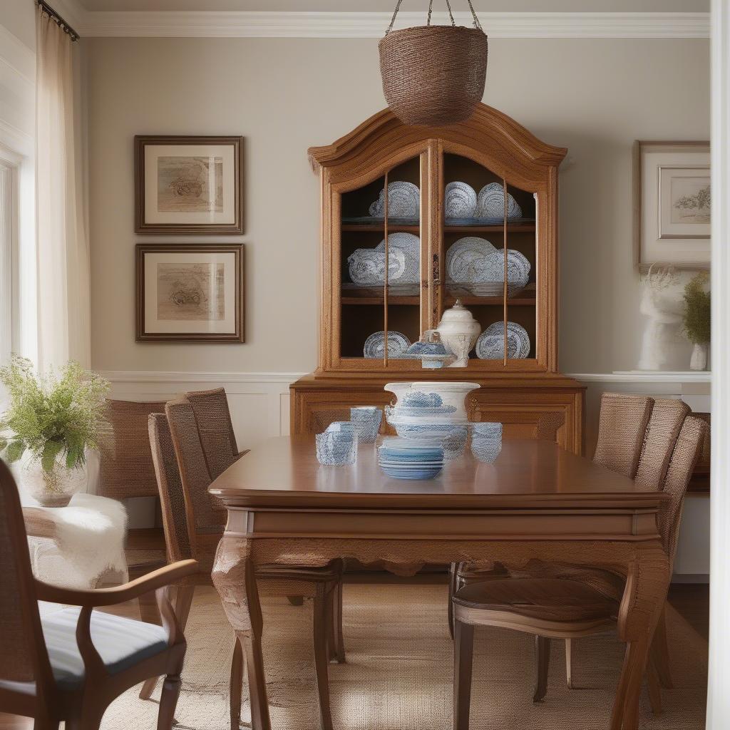 Vintage basket weave china cabinet displayed beautifully in a dining room setting