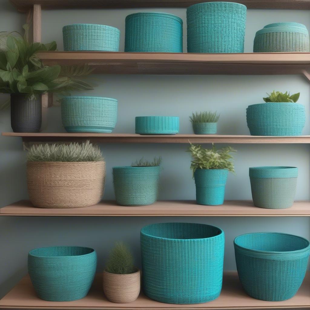 A collection of vintage basket weave planters in different sizes and shades of turquoise, showcasing the variety available to collectors.