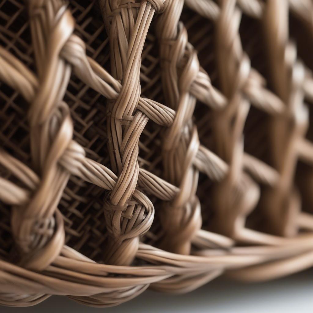 Close-up of a vintage basket weave shelf showcasing the intricate details of the weaving and the natural texture of the material.