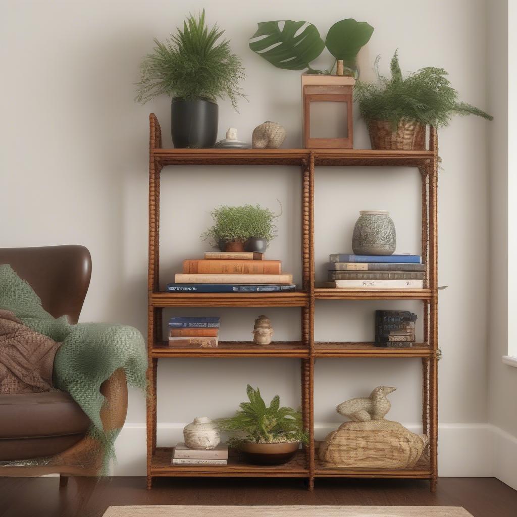 A vintage basket weave shelf styled as a focal point in a living room, displaying plants, books, and decorative objects.