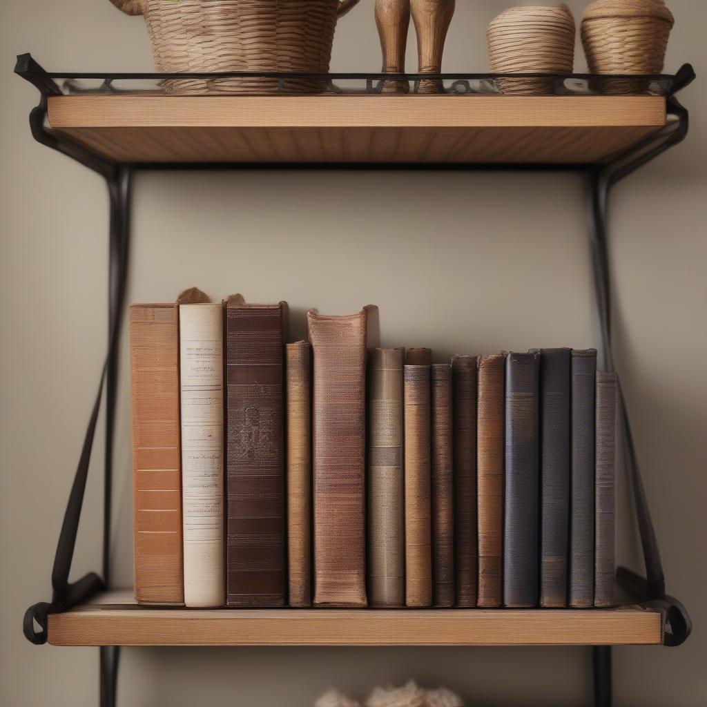 A vintage basket weave shelf displaying a collection of antique books.