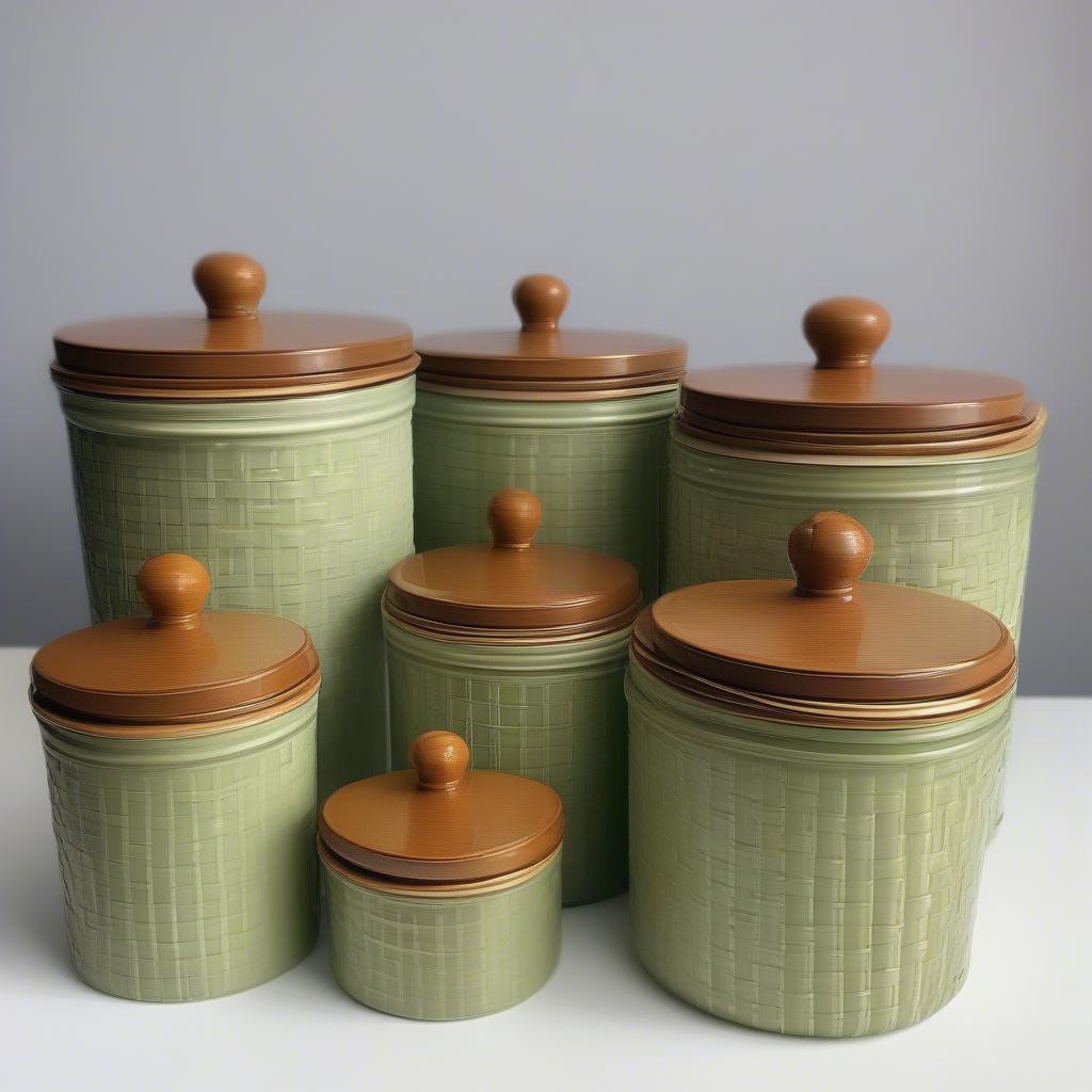 A complete vintage Duncan basket weave canister set with lids, displaying the classic design and appeal.